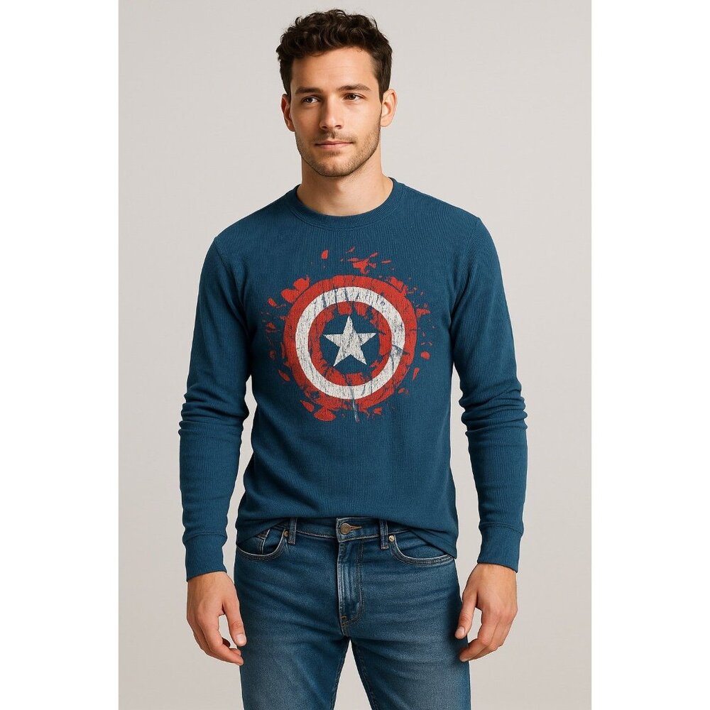 Marvel Captain America Thermal Long Sleeve Shirt – Blue Distressed Shield